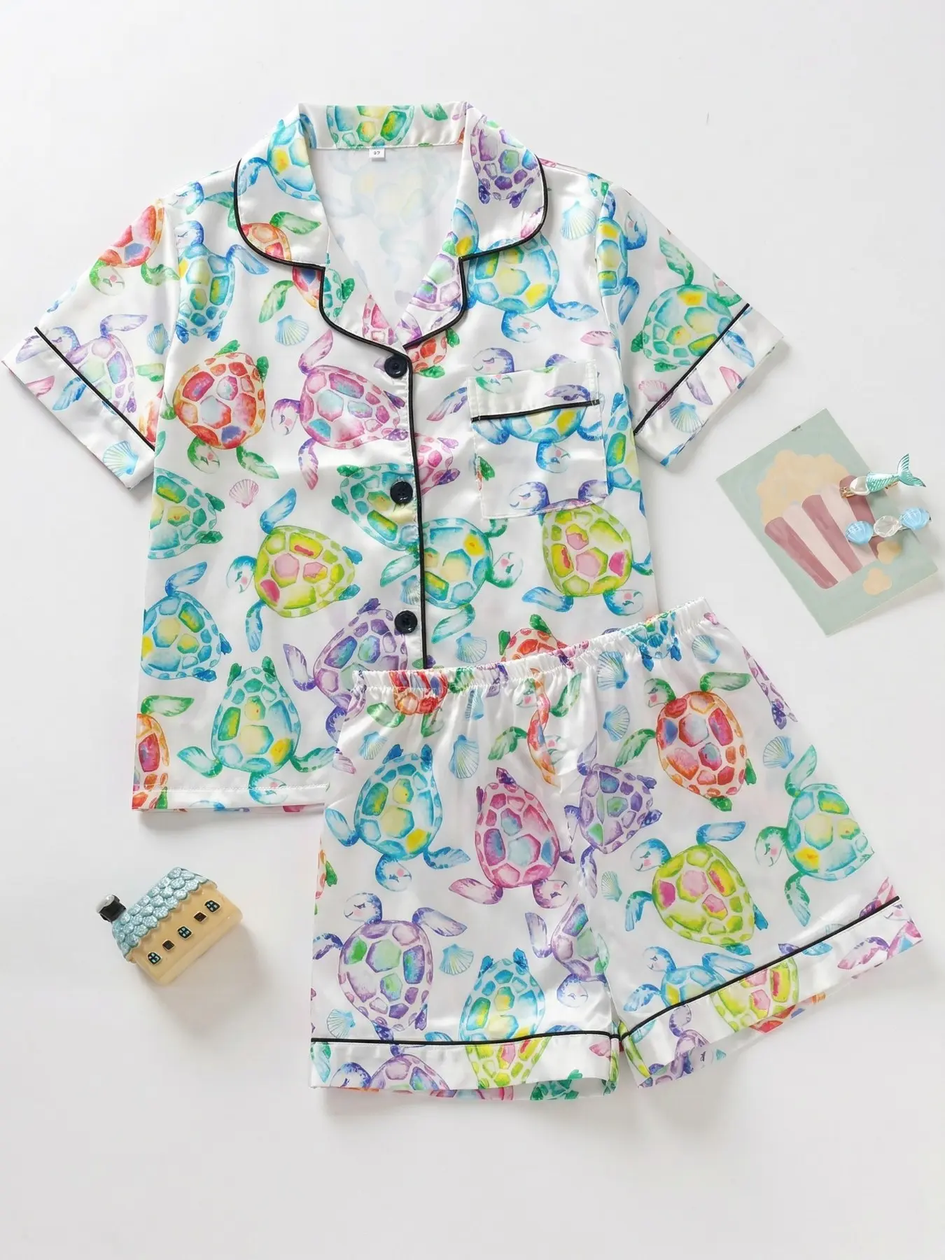Girls' 2-Piece Pajama Set, Watercolor Turtle Print, Button Front Short Sleeve Top + Elastic Shorts, All-Seasons, Soft Satin Fabric, Print Sleepwear Set
