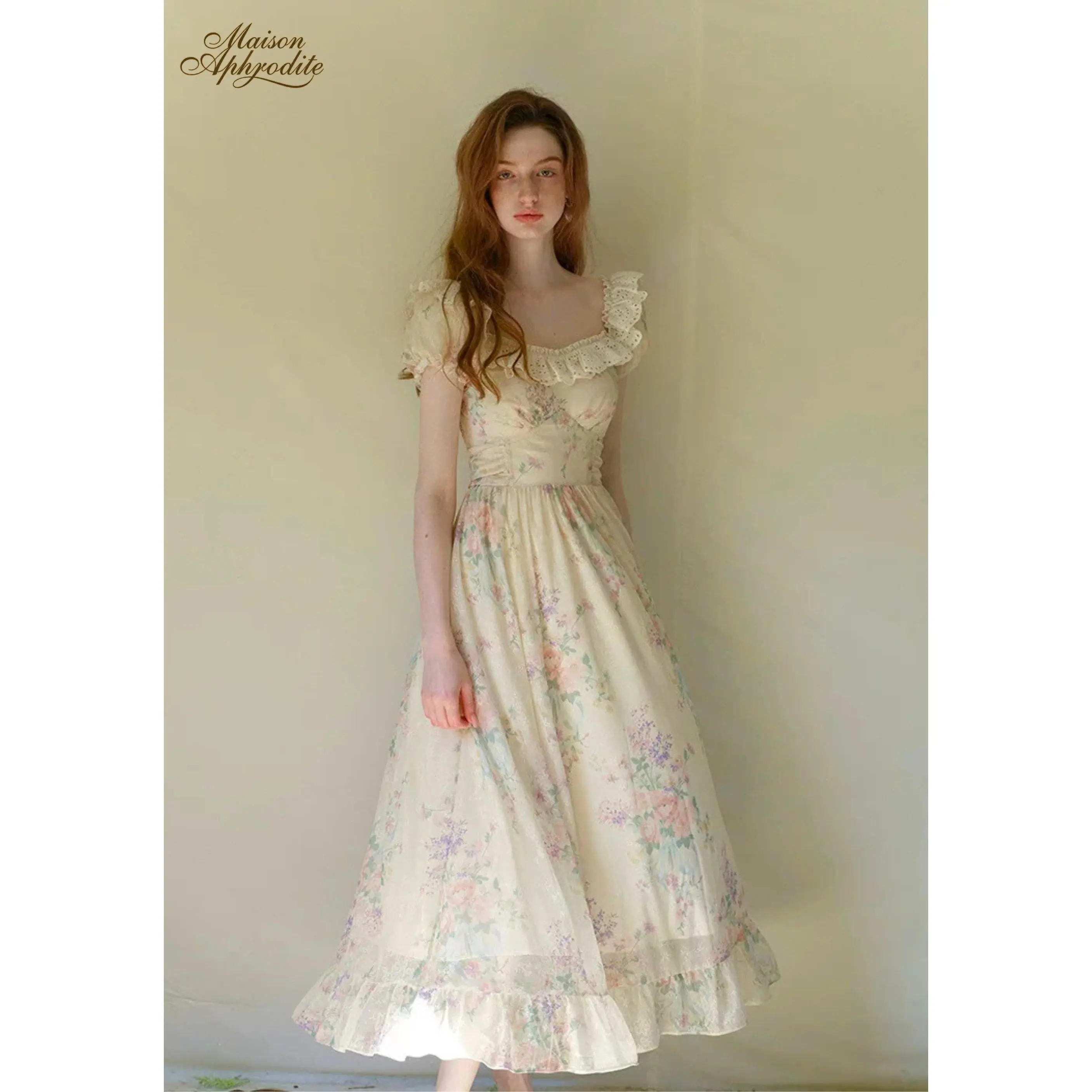 Women's Vintage Fairy-Style Pullover Casual Dress, Antique Garden Patchwork Embroidered Design
