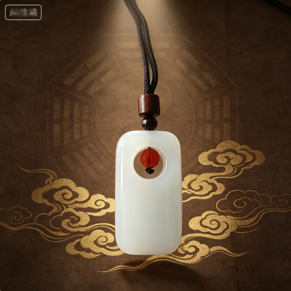 Unisex Oriental Blank Jade Tablet Pendant Necklace, Red Agate Spiritual Guardian Talisman for Guardian Wear