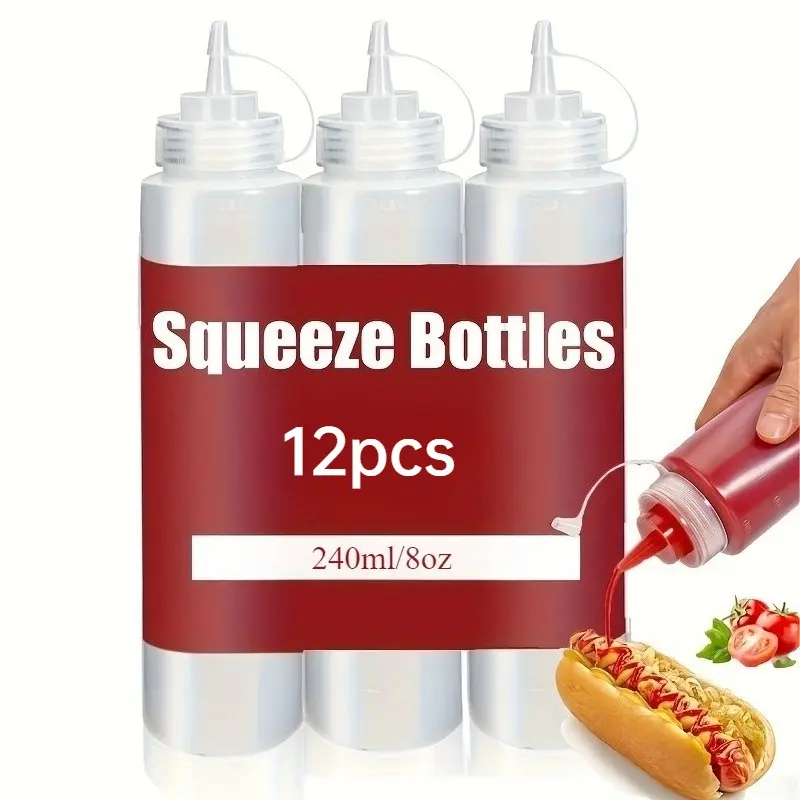 12 Pack Clear Squeeze Sauce Bottles, Reusable Leak-Proof Condiment Dispensers, Perfect for Ketchup, Mustard, Salad Dressings & Oils