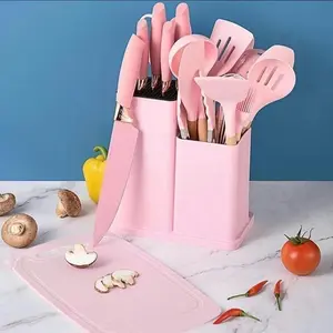 19-Piece Kitchen Knife Set, Heat-Resistant Silicone Cutlery, Wooden Handles, Chef Knife, Non-Stick Pots and Pans, Valentines Gift
