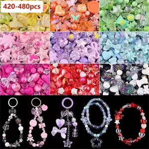420-480pcs (9-Color) Acrylic Beads for DIY Jewelry Making Kit with Bell, String, Keyrings & Clips - Cute Kawaii Beads (Flowers, Hearts, Bows, Bears, Candy Charms) for Bracelet, Keychain, Necklace Crafting - for example