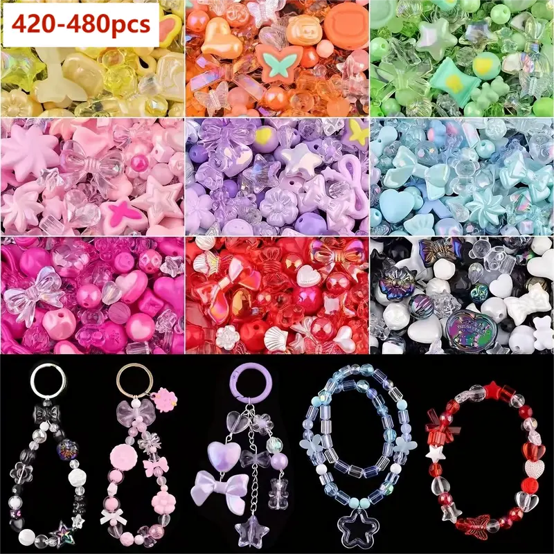 Cutecore Creative Cute Kawaii DIY Beads Craft Kit - 420-480pcs 9-Color Acrylic Beads, Flower & Heart Kits, Bear/Candy Charms, Bows, Clips, Bell & String for DIY Bracelets, Costume Jewelry