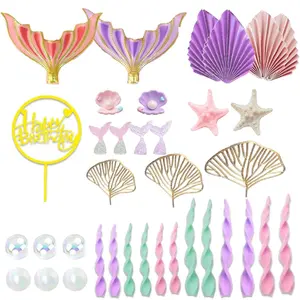 36Pcs Mermaid Cake Topper Big Mermaid Tails Seaweed Bubbles Shells and Golden Ginkgo Leaves Cake Set for Mermaid Under the sea Cake Decor - Home Improvement.