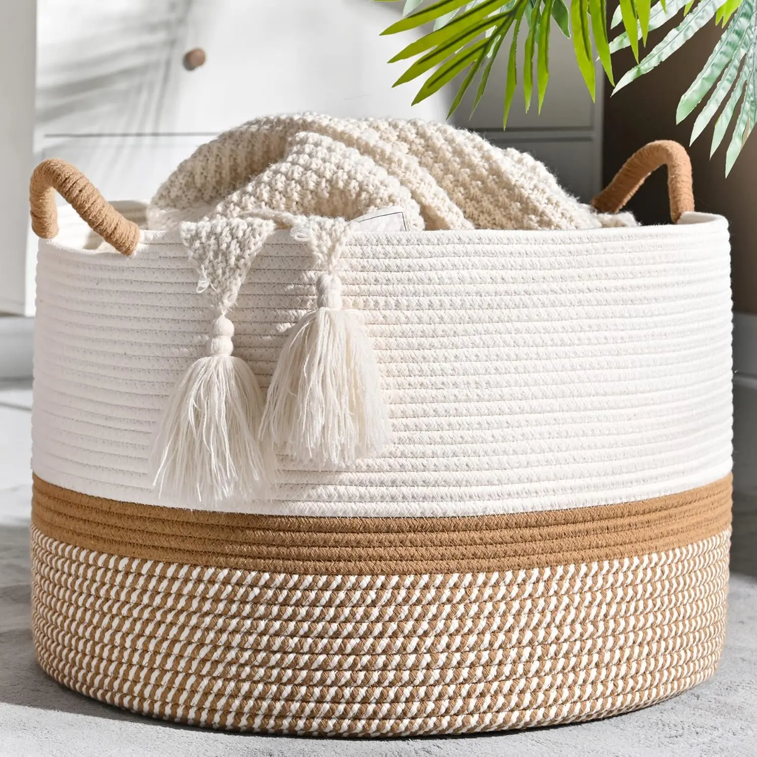 Large Blanket Basket (20"x13"),Woven Baskets for storage Baby Laundry Hamper, Cotton Rope Blanket Basket for Living Room, Laundry, Nursery, Pillows, Baby Toy chest