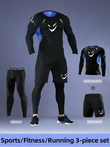 Men's 3-Piece Sports Set, Elf Logo, Tight Long Sleeve Top and Pants, Breathable Elastic Fabric, Workout Running Clothes, Ideal for Gym, Running, Cycling Training, Gym Sportswear
