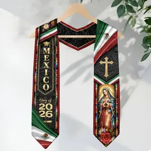 Mexican American Graduation Stole 2026 Black Gold – Virgen de Guadalupe Mexico Flag Serape Sash