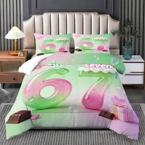 2/3 Pcs Cloud-Soft Gradient Number 67 Printed Comforter Set, Include 1 Fluffy Quilt Comforter + 1/2 Pillowcases Without Core,  Double Quilt for Cute Kids/Students/Adults/Couples, Great for Bedroom/Dorm/Rental House/Apartment/Home Bedding