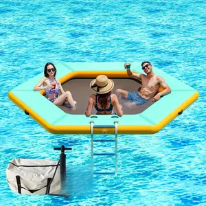 AMERLIFE 10FT Hexagon Inflatable Water Hammock for Adults, Floating Raft with Soft Ladder, Heavy Duty Water Float Dock Pool Lake for Summer Parties