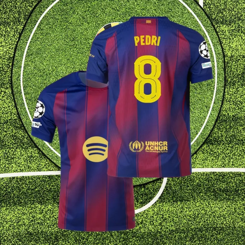 La Liga 2025-26 Home Kit Pedri #8 Fan Edition Adult Red Blue Short-Sleeve Breathable Quick-Dry Soccer Jersey