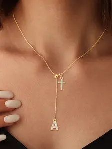 Women's Zirconia Initial Glitter Cross Pendant Necklace, Stainless Steel Chain, Casual Style Jewelry for All Seasons
