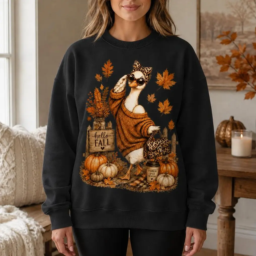 Hello Fall Goose Sweatshirt for Women, Cute Pumpkin Spice Duck Graphic Crewneck, Funny Leopard Print Autumn Pullover, Thanksgiving Gift