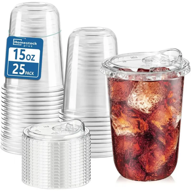 25 Pack 15 oz BPA-Free Clear Plastic Cups with Strawless Sip Lids - Leak-Proof Round Bottom Disposable Iced Coffee Cups for, To-Go Cold Drinks, Ideal for Small Parties & Daily Use