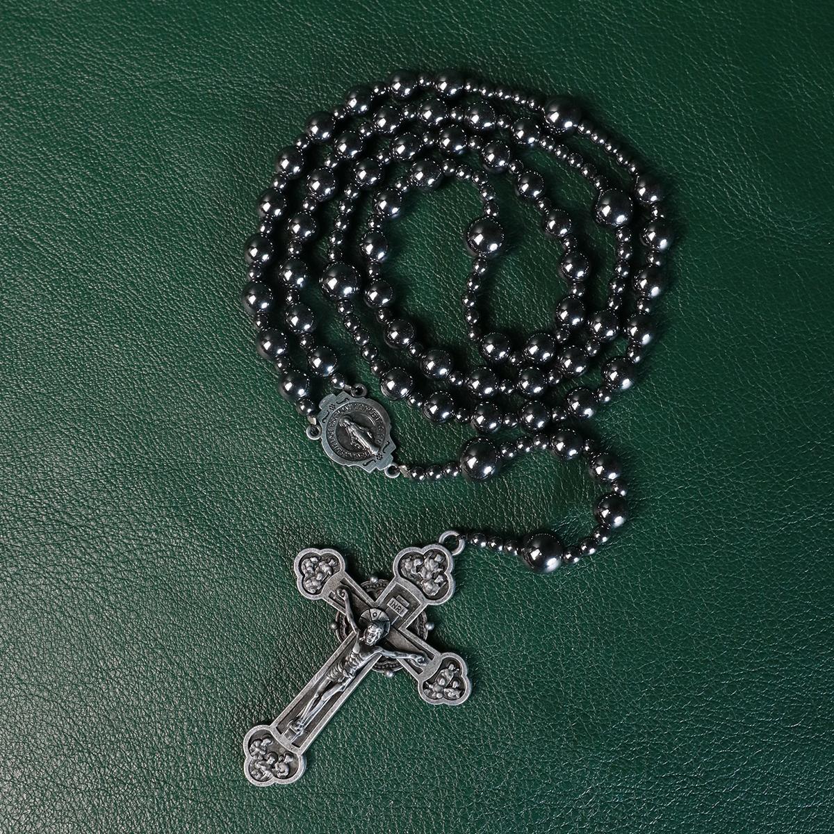 Large Heavy Rosary,Hematite rosary beads catholic for men and women,Rosary Necklace for men with Virgin Mary medal & cross,Handmade of rosarios catolicos Cross Necklace Catholic Gifts