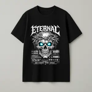 Oversized Streetwear T-Shirt - Eternal Skeleton Throne Graphic, Glowing Blue Eyes, Gothic Aesthetic Heavy Cotton Tee, Unisex Urban Top