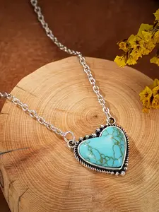Mother's Day Gift Boho Vintage Turquoise Heart Pendant Design Necklace for Women, Simple Fashion Jewelry for Daily Wear, Perfect Gift Idea