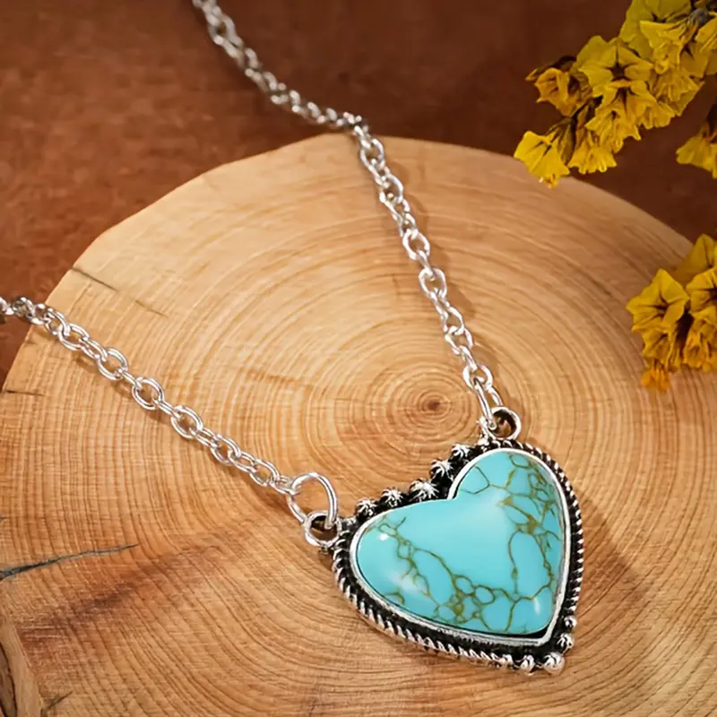 Mother's Day Gift Boho Vintage Turquoise Heart Pendant Design Necklace for Women, Simple Fashion Jewelry for Daily Wear, Perfect Gift Idea