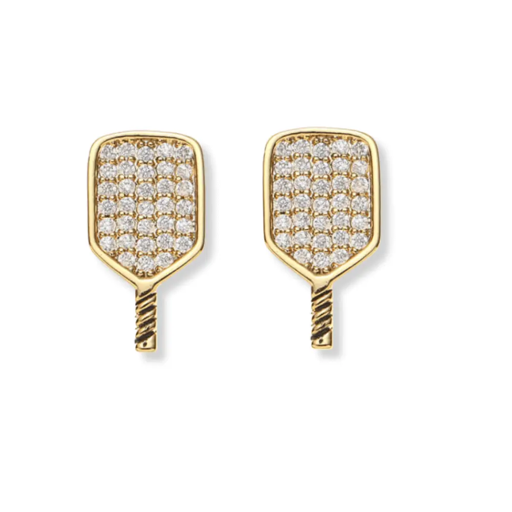 Gold CZ Pickleball Paddle Stud Earrings
