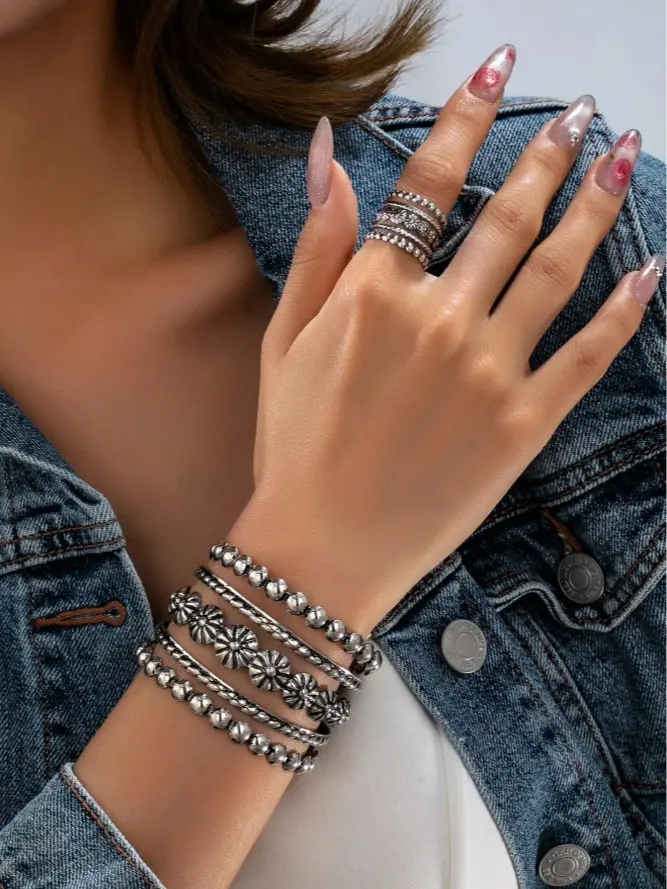 2PCS Antique Western Concho Cuff Bracelet & Ring Set | Vintage Boho Jewelry | Cowgirl Rodeo Country Concert Casual Fashion Accessories for Women