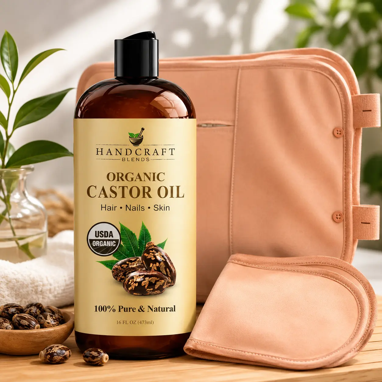 Handcraft Blends Castor Oil Pack Wrap Kit - 16 oz Organic Formula, Reusable, Durable Comfortable, Adjustable Elastic Straps, for Neck & Stomach (Beauty & Personal Care Body Accessory)