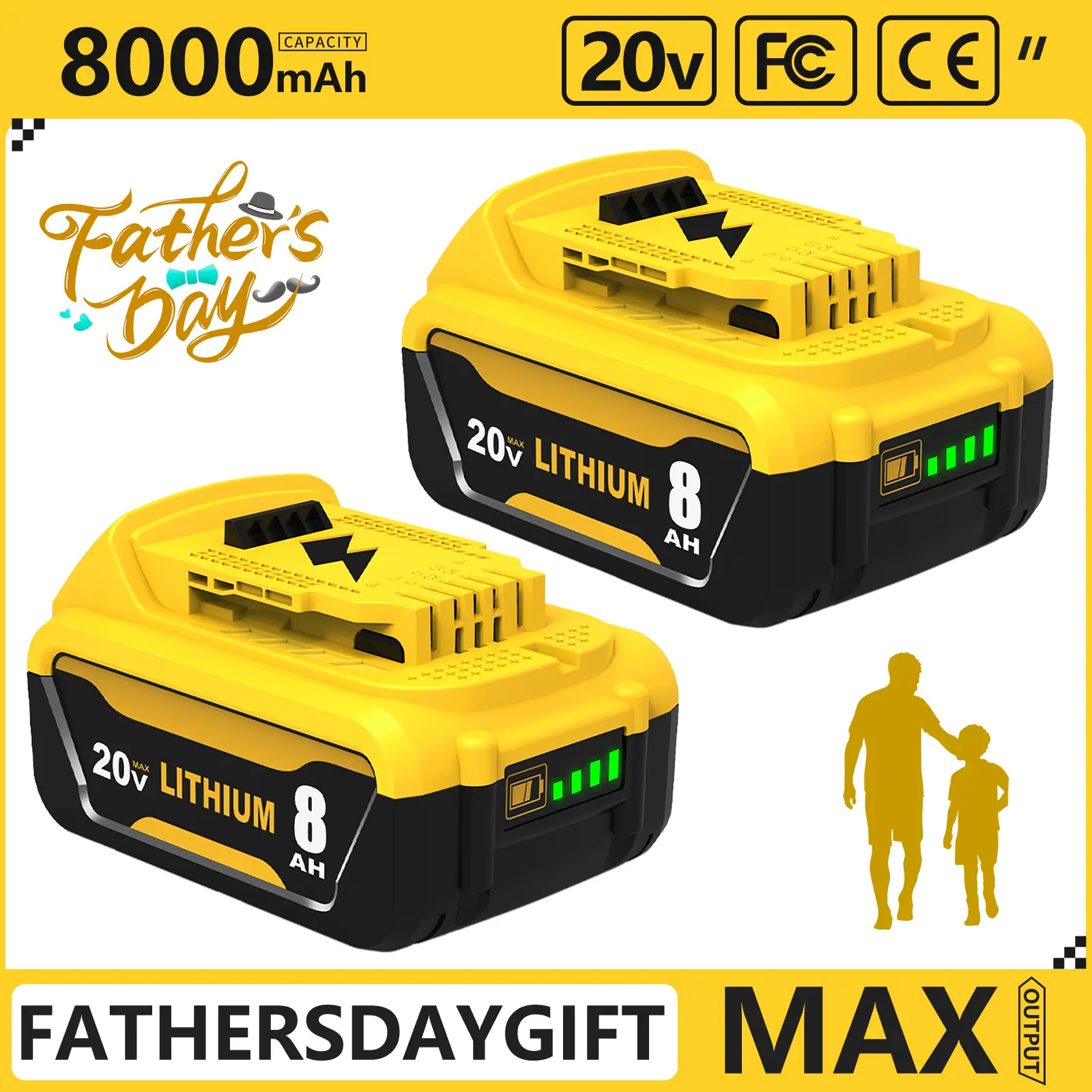 2-Pack 8000mAh Replacement for Dewalt 20V BatteryLithium Compatible with Dewalt 20 Volt Max BatteryDCB/DCD/DCF/DCG Series cordless Power Tools
