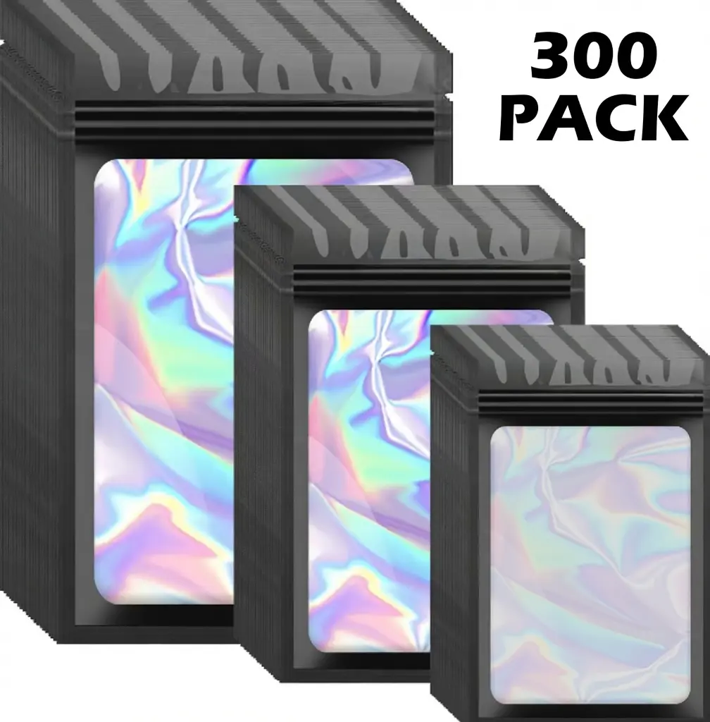 300PCS Black Holographic Bags, 3 Sizes Resealable Smell-Proof Pouches with Clear Window – Food Storage & Small Business Packaging foil
