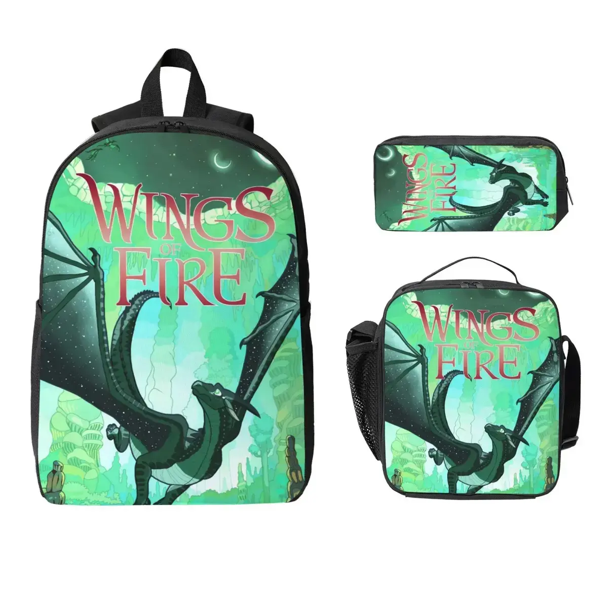 3-Piece High-Capacity Printed Fire Dragon Wings Backpack Set with Lunch Box, Pencil Case for School Trips, Travel Knapsack