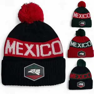 Hecho en Mexico Pom Beanie PVC Eagle Patch Winter Hat