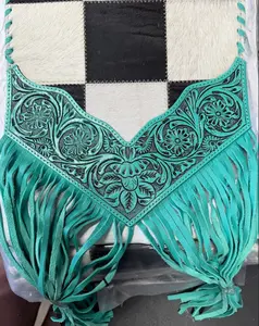 Genuine cowhide & hand tooled leather 6-foot table runner- Turquoise & check