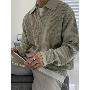 Men’s slim-fit half-zip sweater — beige and brown waist-cinching top, long-sleeve layering essential suitable for autumn and winter; office and party wear; knitted sweater; men’s sweater; men’s plus-size sweater