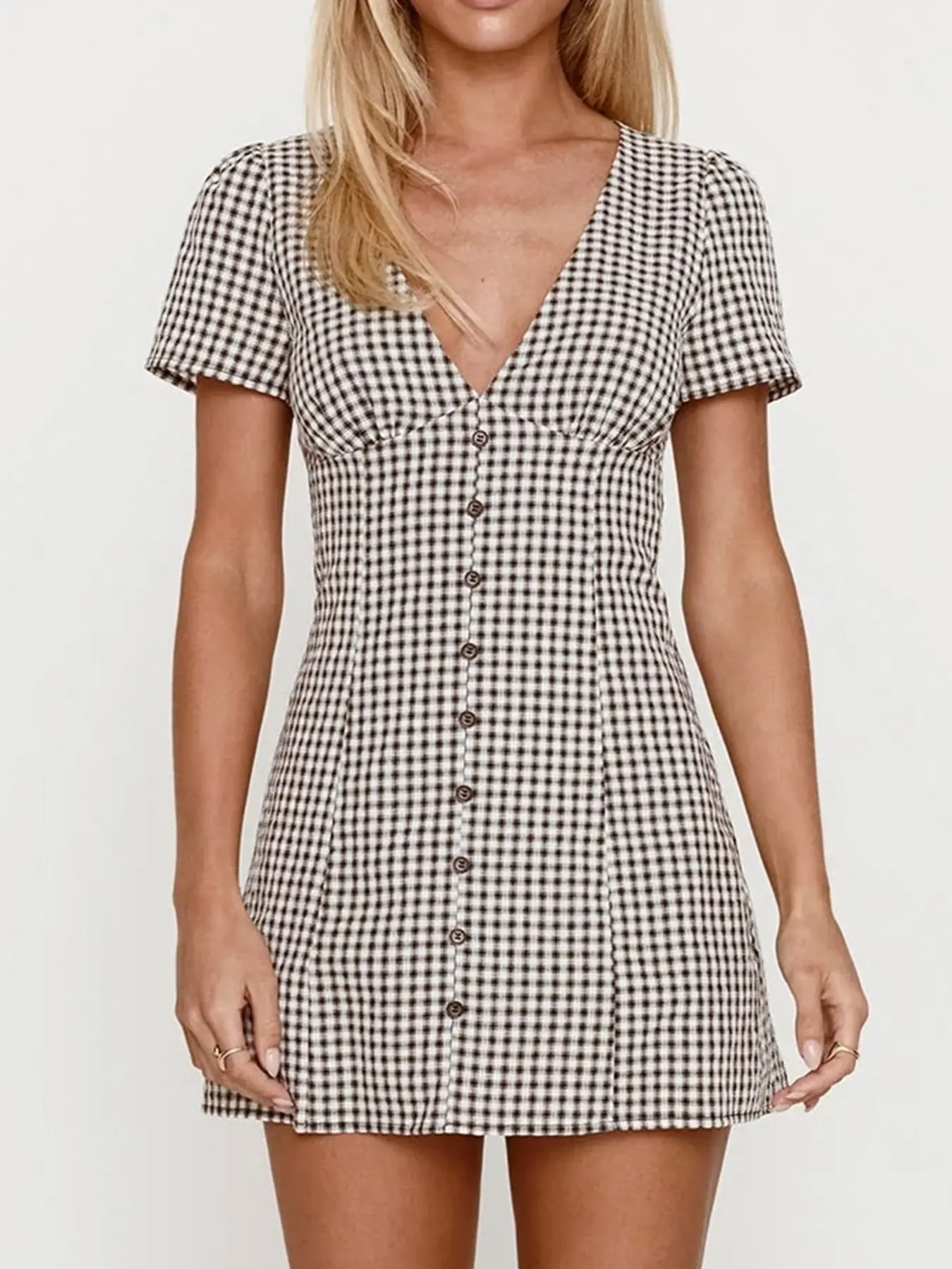 Women's Plaid Print Button Decor V Neck Dress Casual Fashion Womenswear Short Sleeve Dress for Daily Outdoor Wear Ladies Clothes for All Seasons Sexy Shirt Mini Dress