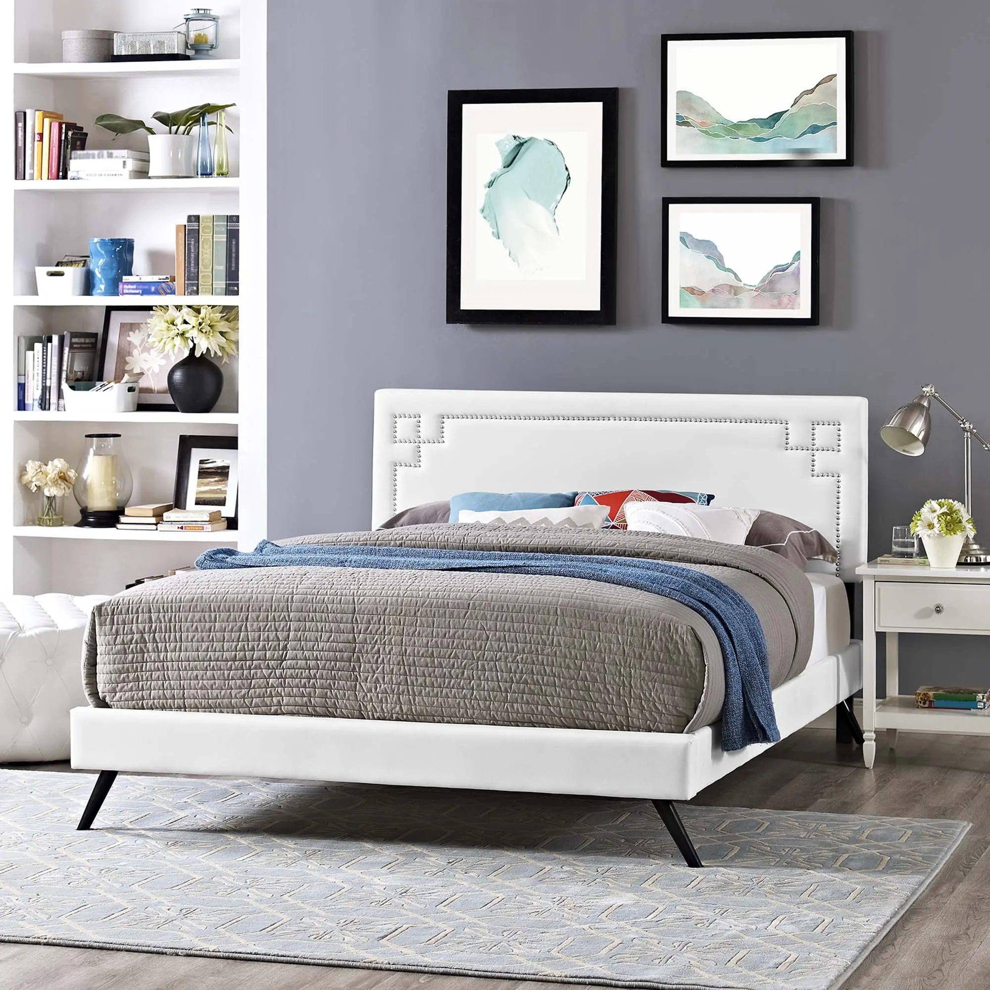 Modway Ruthie Queen Vinyl Platform Bed Frame - Round Splayed Legs, White, Wooden Style, Indoor Use, Assembly Required, Centered Supporting Bar