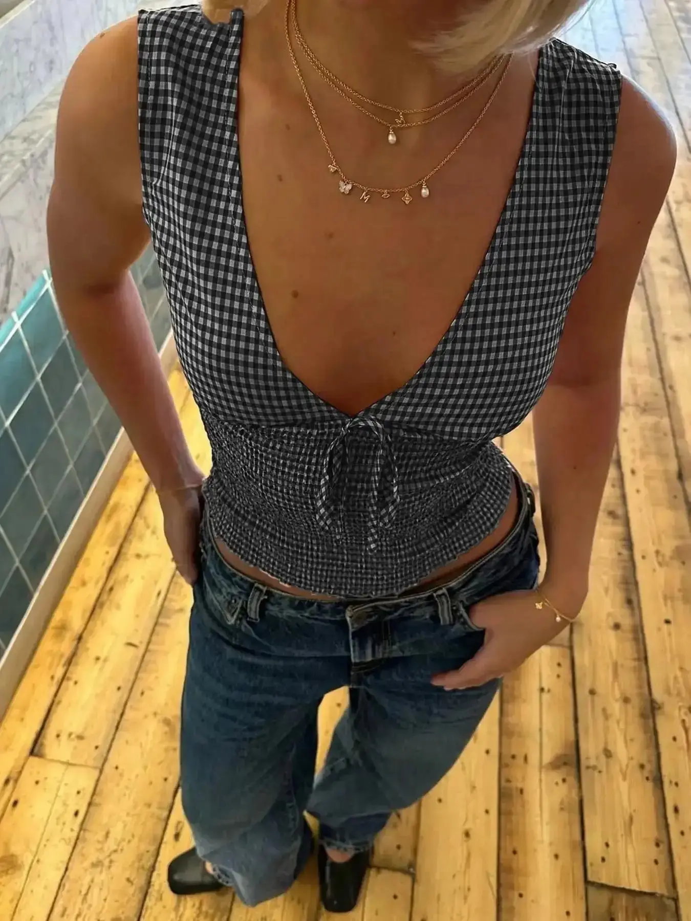 Women's Classic Feminine Gingham Print Breathable Summer Tank Top, Womenswear, Deep V Neck, Front Tie Detail, Full Smocked Waist, Sleeveless, Ruffled Hem, Lightweight Woven Fabric, Daily Casual Vacation Date Commute Wear