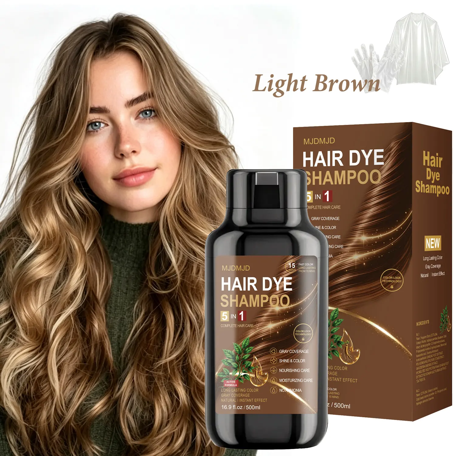 Light Brown Hair Dye Shampoo 500ml, 5-in-1 Hair Color Shampoo for Gray Coverage, Argan Oil & Batana Oil, Nourishing Hair Care, Ammonia-Free Hair Color for Women & Men
