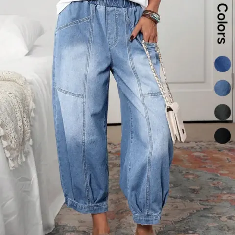 New Four-Season Fashion Loose Fit Harem Ankle-Length Light Wash Denim Pants for Women, Casual Mid-Waist Elastic Trouser Bottoms, Womenswear