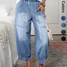 New Four-Season Fashion Loose Fit Harem Ankle-Length Light Wash Denim Pants for Women, Casual Mid-Waist Elastic Trouser Bottoms, Womenswear