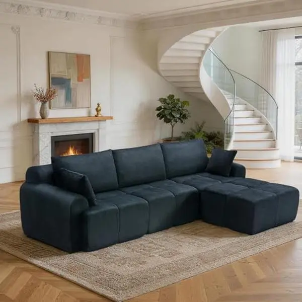 118'' Modular Sectional Sofa, Corduroy Sponge Compression Sofas with Deep Seat, Memory Foam Sofa for Living Room Bedroom, No Assembly Required, Black
