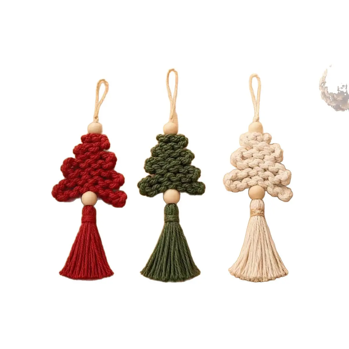 Handmade Macrame Christmas Tree Ornaments, Soft Cotton Cord Woven Xmas Hanging Pendant with Natural Wood Beads & Tassels, Bohemian Style Holiday Decorations for Christmas Tree, Wall, Gift, 3 Colors Available