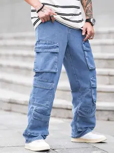 Men's Plain Washed Workwear Jeans, Fashion Street Style, Multiple Pockets, Loose Fit, Comfortable Daily Wear, Trendy Commute