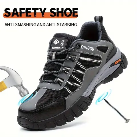 Men's Round Toe Steel Toe Work Safety Shoes - Breathable Mesh-Cloth Fabric, Lace-Up, Puncture-Resistant, Non-Slip Wear-Resist Rubber Sole, Metatarsal Guard, Striped Casual Contractor Gear for All Seasons Outdoor Workers to Reduce Ankle Injury Risk