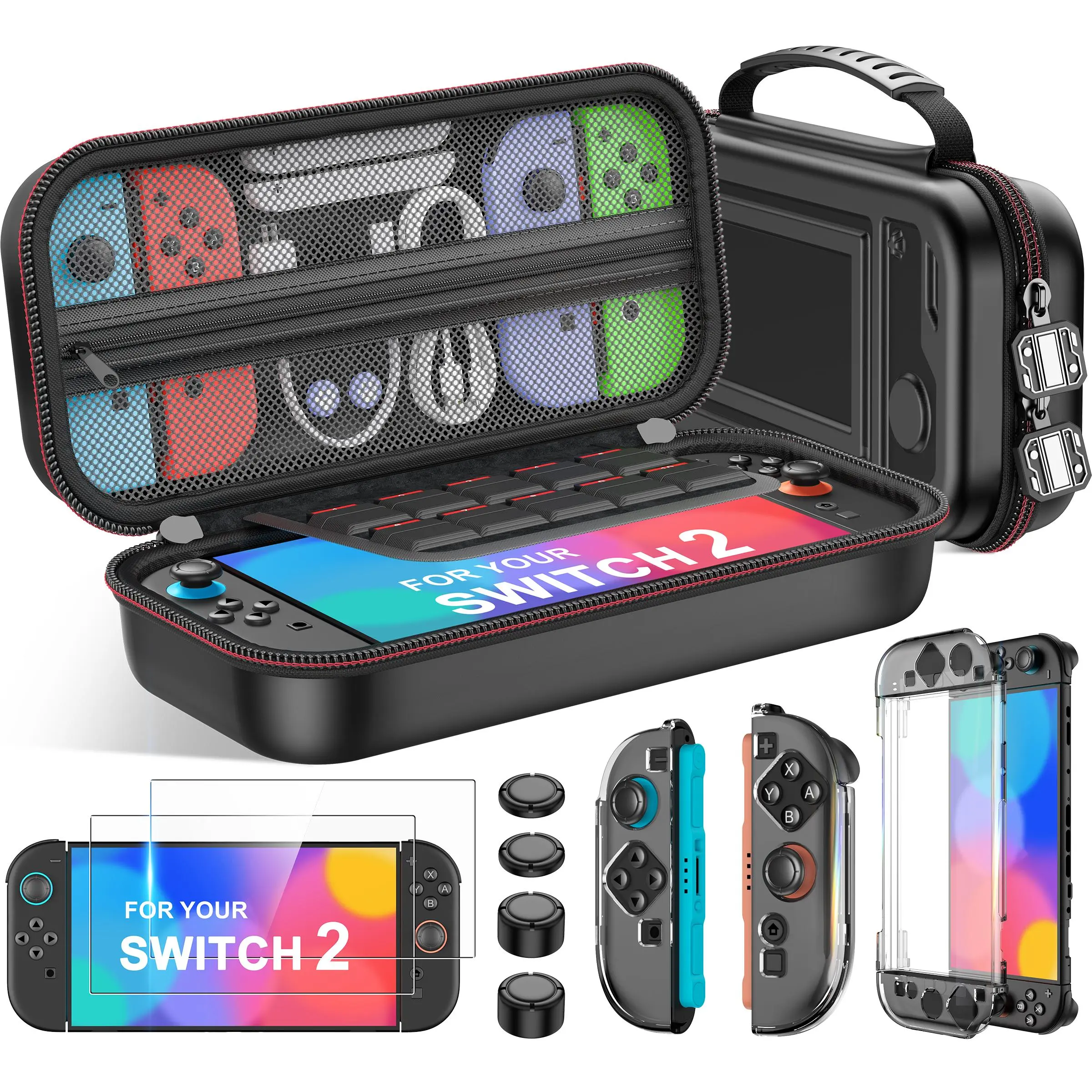 ESYWEN Switch 2 Case for Nintendo Switch 2 (2025)/Switch/OLED, 4-in-1 Bundle Kits for Switch 2, 3X Transparent Protective Cover+2X Screen Protectors+4X Thumb Caps, Accessories Set with Switch 2 Carrying Case