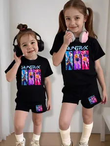 Kpop Cool Hunter Girl Set, Cartoon Print Short Sleeve & Shorts, Cartoon Pattern, Casual Fitted, Perfect Gift for Christmas New Year