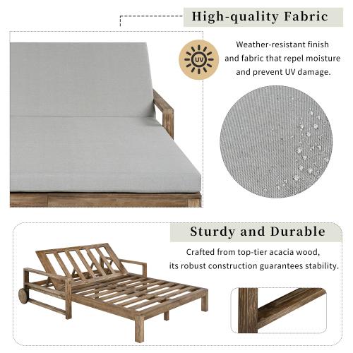 Wood-Frame Outdoor Sunbed with 4-Level Adjustable Backrest, Cushioned Seat, Armrest, 56.7"l x 76.2"w x 33.5"h, 89.2 lbs, 2-Person Lounger for Poolside, Backyard, Outdoor Daybed