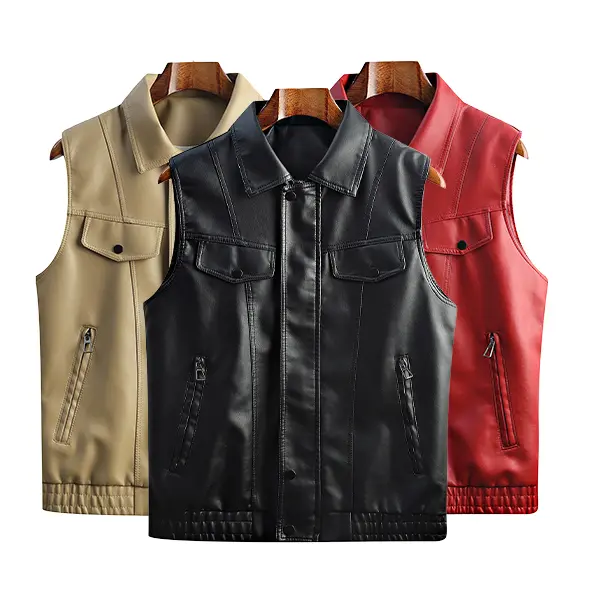 Men’s tailored leather vest for office wear, featuring a refined matte leather finish and layered pockets that enhance storage capacity. Suitable for autumn layering to create a casual yet cool commuter look. Three everyday color options available.