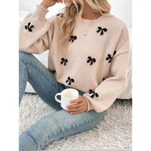 Women's bow patterned off shoulder sweater, autumn and winter casual long sleeved round neck jumper, fashionable women's knitted daily wear