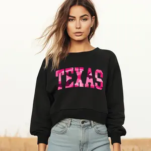 Black Camo State Name Cropped Sweatshirt Comfortable Fall Varsity Pullover Women's Fashion Crew Neck Texas Tennessee Kentucky Alabama