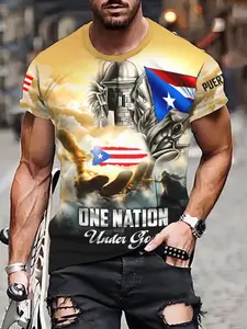 Men's Puerto Rican Patriotic Theme 3D Print T-Shirt, Lightweight Short Sleeve Round Neck, Outdoor Party Casual Streetwear