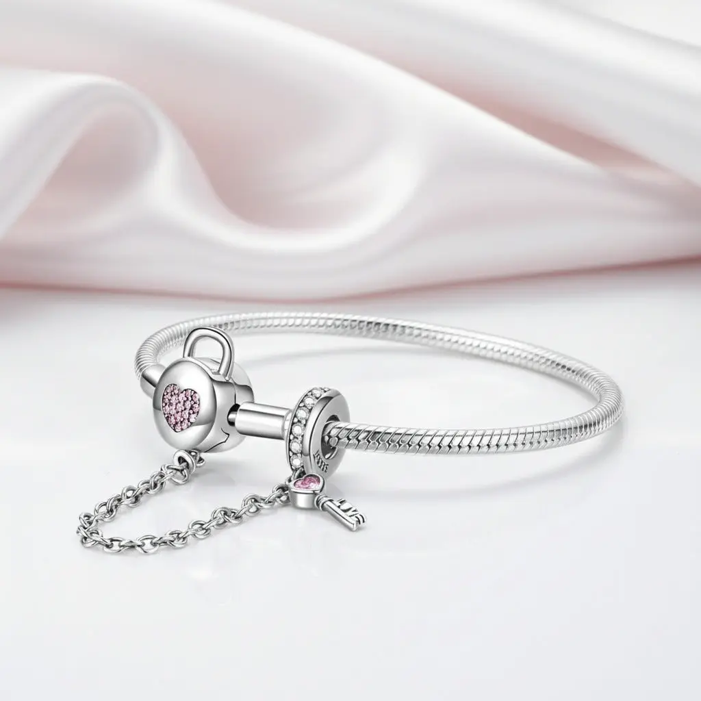 Pink Diamond Option Heart Lock & Key Safety Charm Bracelet