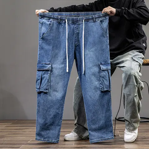 Plus Size Blue Cargo Jeans for Big & Tall Men Elastic Waist Loose Stretch Multi-Pocket Pants with Stylish Pockets