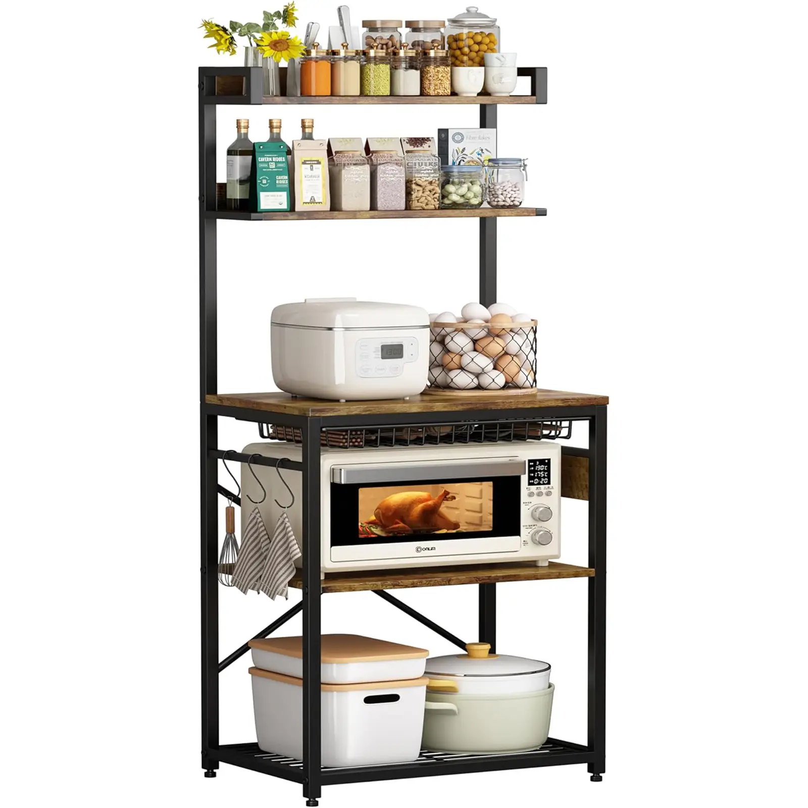 Kitchen Baker's Rack with Power Outlet, 67 Inch Microwave Stand, 5-Tier Storage Shelf, Rustic Brown